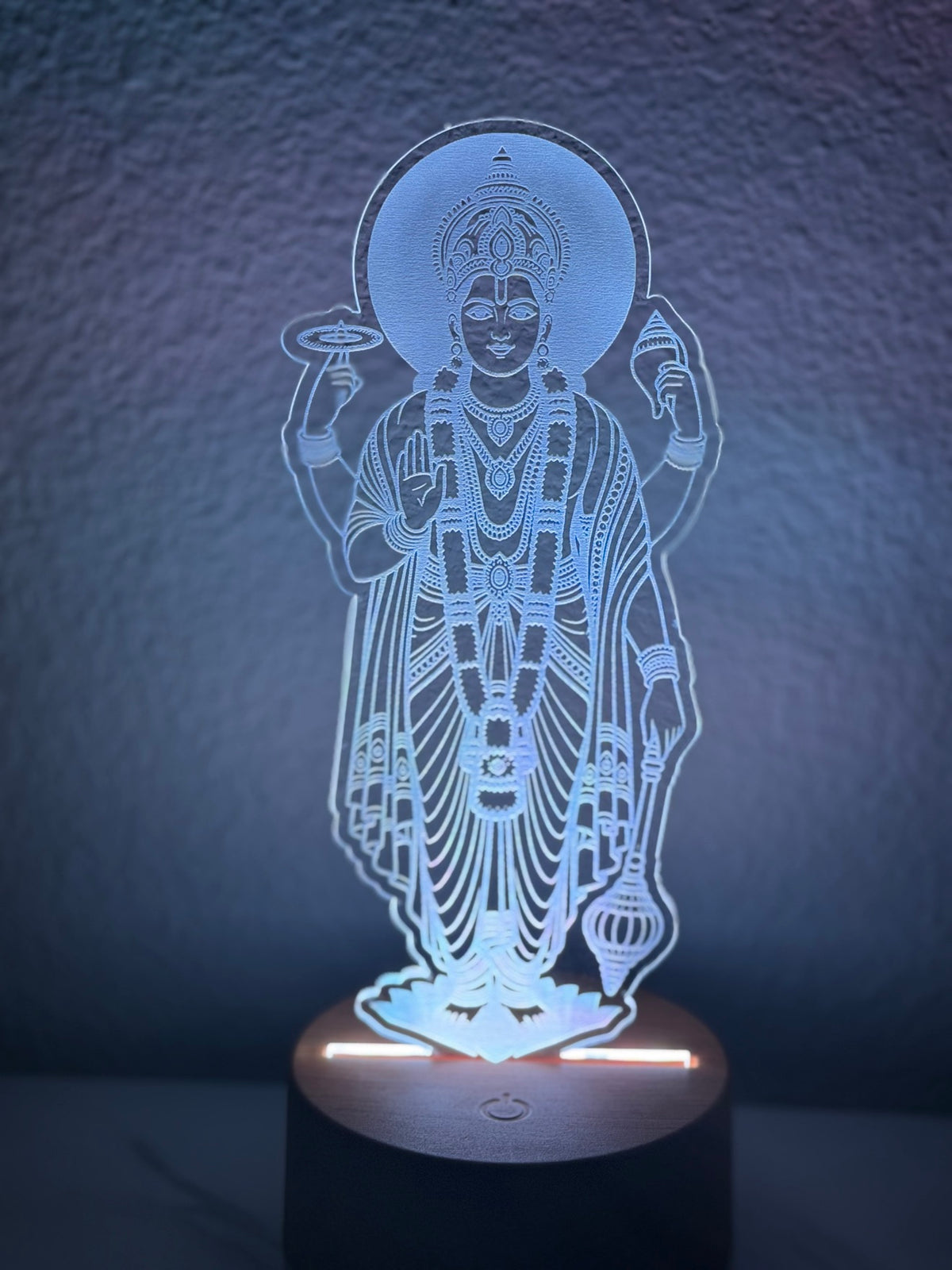 Lord Satyanarayana 3D LED night light glowing white-blue on round wooden base - laser engraved acrylic lamp by RA Kreations