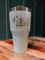 White 32 oz personalized tumbler with laser-engraved custom logo