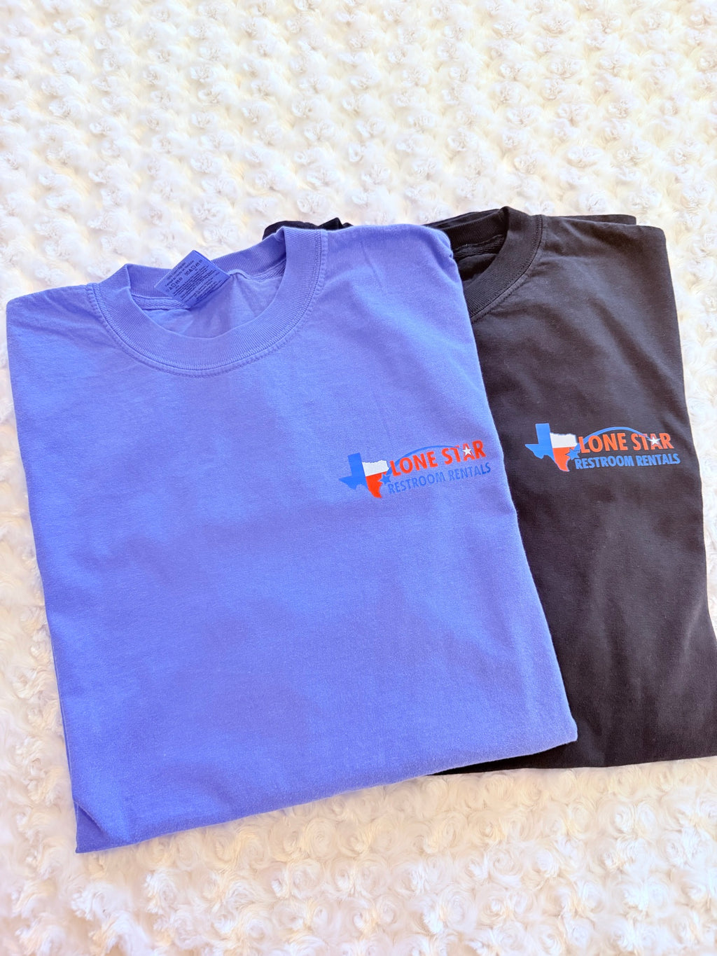 Custom DTF t-shirts with Lone Star Restroom Rentals logo in blue and black