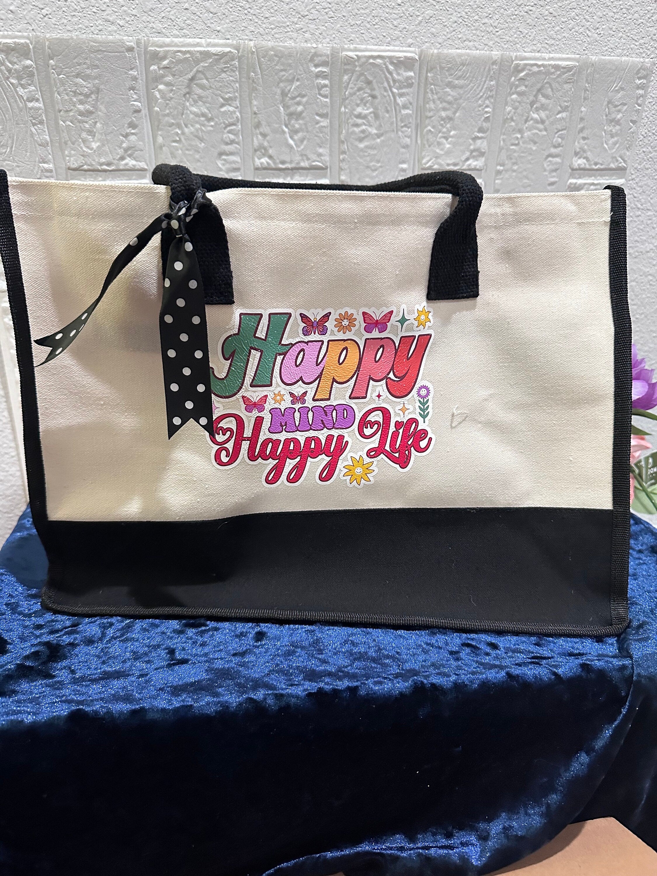 Happy Mind Happy Life Summer Tote Bag, Summer Tote Bag, Tote Bag, Essential Bag, Summer Vacation Bag, Beach Bag, Travel Bag, Canvas tote Bag