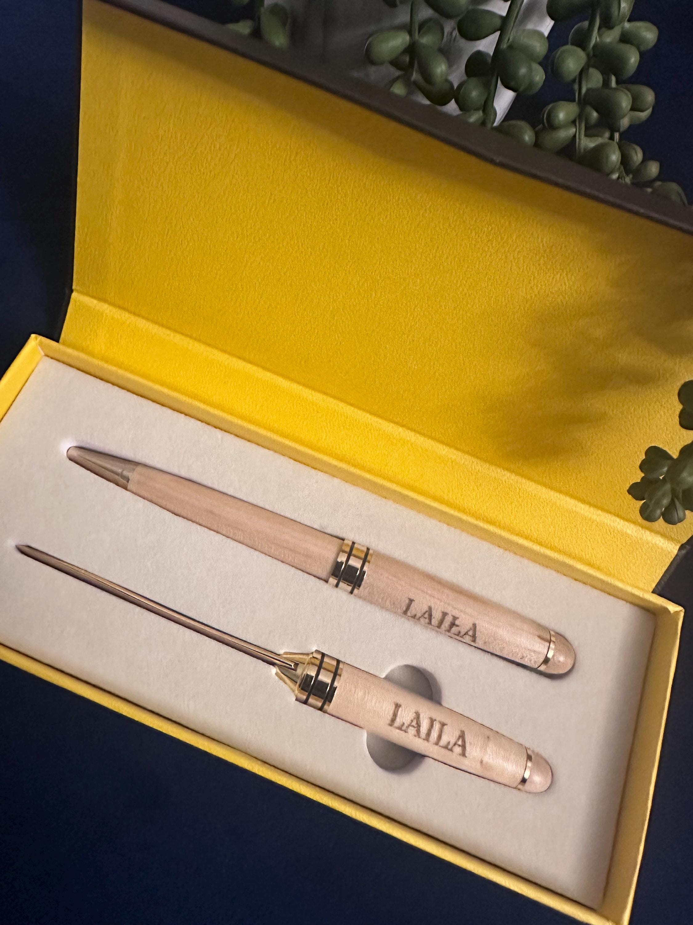 Maple Desk Gift Set with Pen and Letter Opener, Engraved Pen Set with Leather Case, Laser Engraved Pen Set with Laser Engraved Case