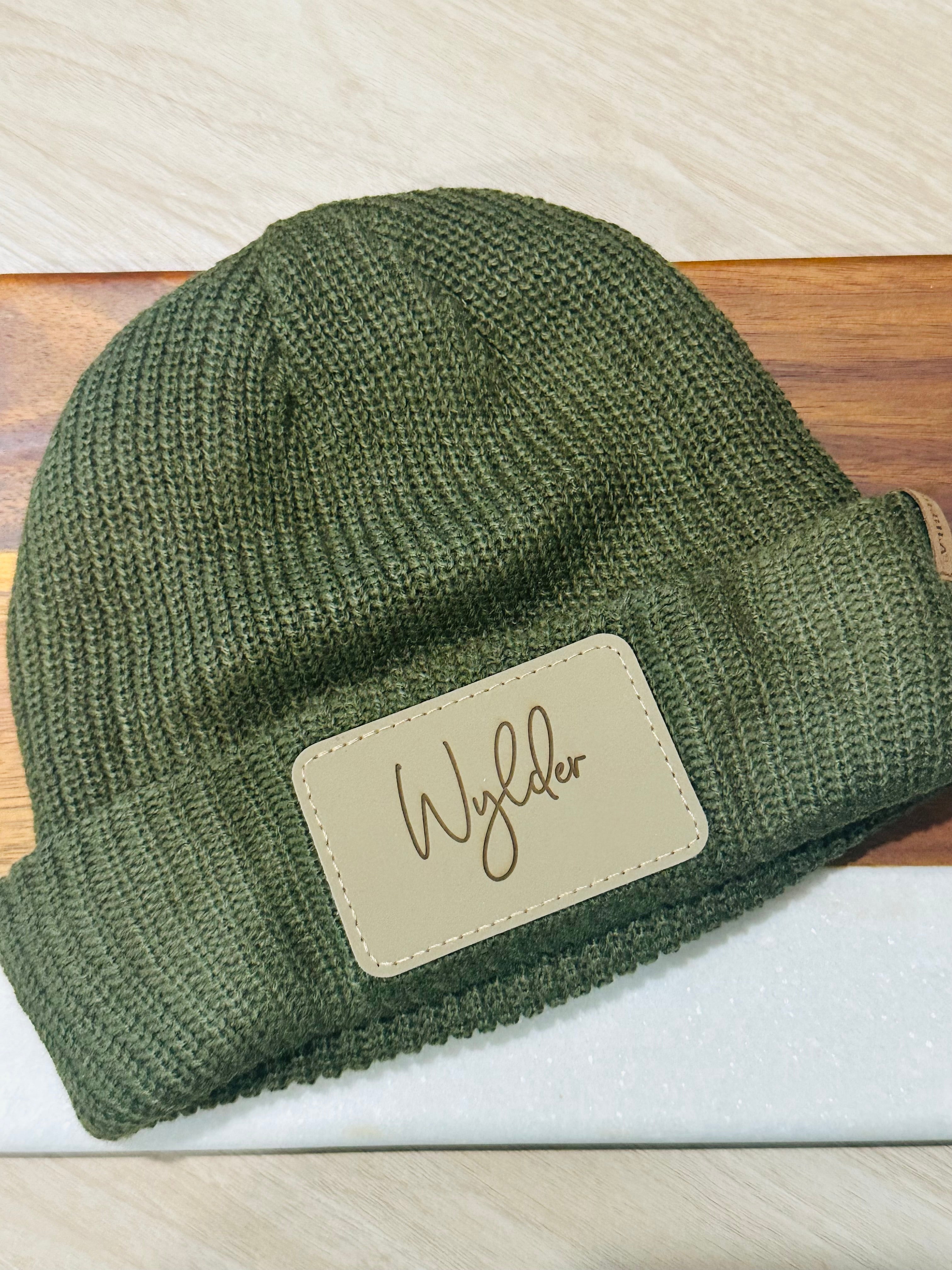 Custom Name Beanie with Leather Patch – Personalized Winter Hat