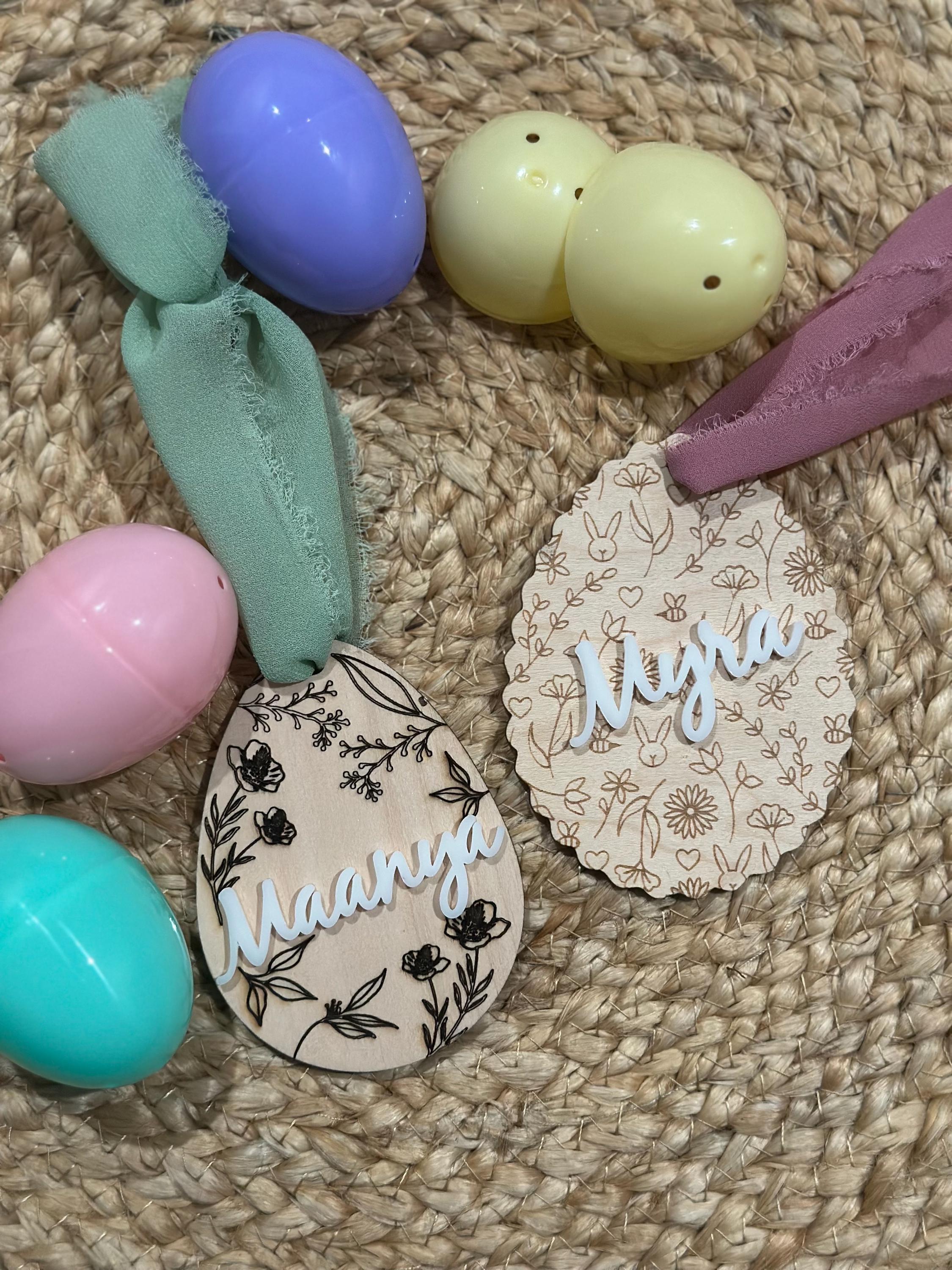 Personalized Easter Basket Tags | Custom Name Egg Ornaments | Laser Cut Wooden Easter Gift | Bunny Name Tag | Spring Decor | Basket tags