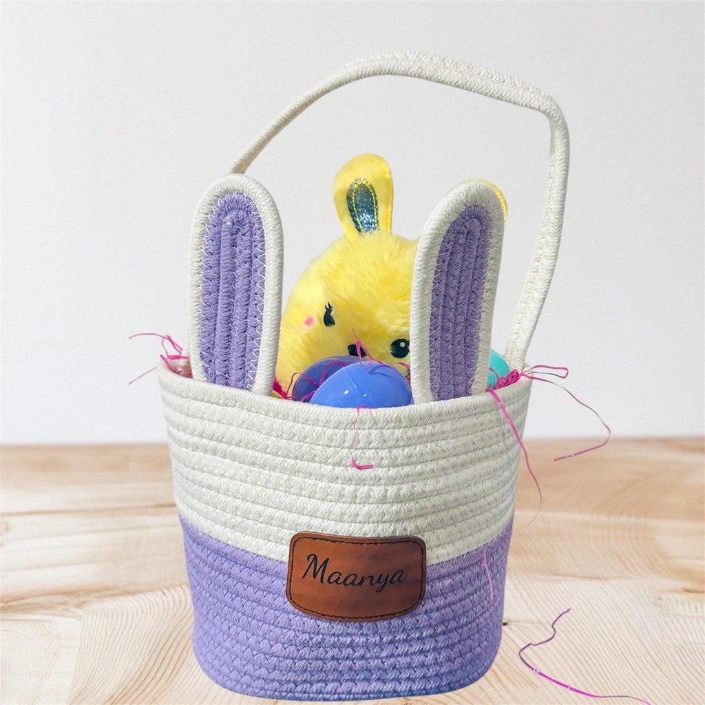Custom Easter Bunny Basket with Engraved Leather Name patch, Easter Basket, Bunny Basket, Woven Basket with Leather patch, Easter Baskets