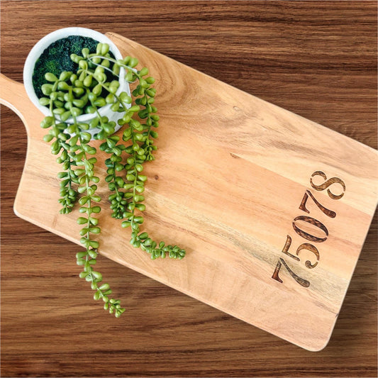 Personalized Acacia Wood Cutting Board, Custom Zip Code, Name, Business Logo, Laser Engraved Charcuterie Board, Realtor Gift, Housewarming