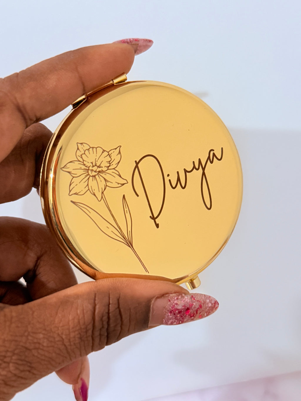 Gold Compact Mirrors with Birth Flower