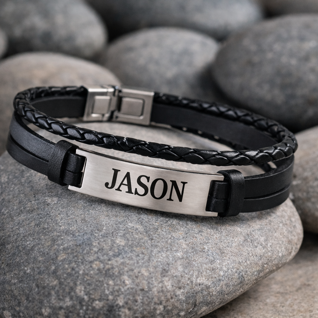 Personalized Men’s Leather Bracelet | Custom Name Engraved Bracelet | Valentine’s Gift for Him