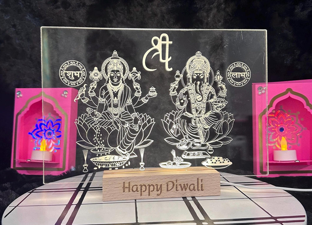 LED Engraved Acrylic Light Featuring Lakshmi & Ganesha, Custom Message, Housewarming Gift, Gifts, Customized Gifts, Led Light, Home Decor