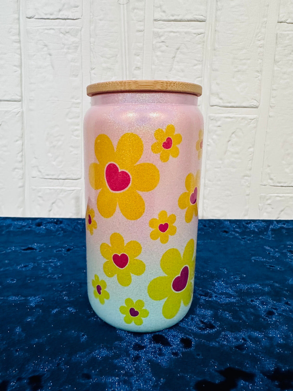 16oz Libby Glass can, Gradient Blue Pink Glass can, Gifts for Girls, Shimmer Glass Tumbler, 16oz Glass Tumbler, Daisy Glass Tumbler