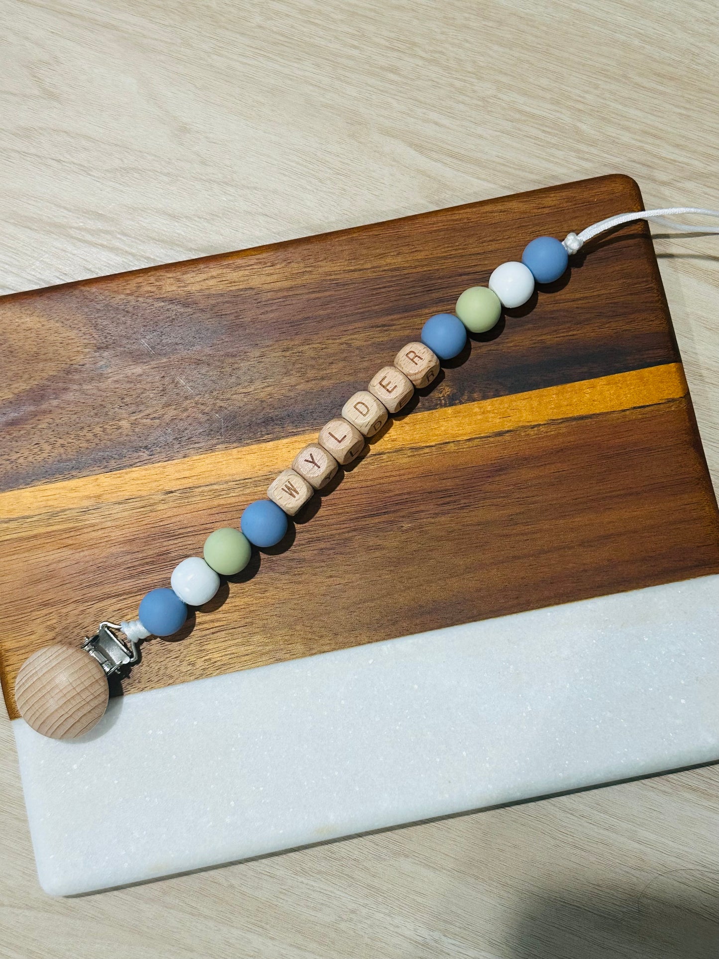 Custom Name Pacifier Clip – Silicone & Wood Beads