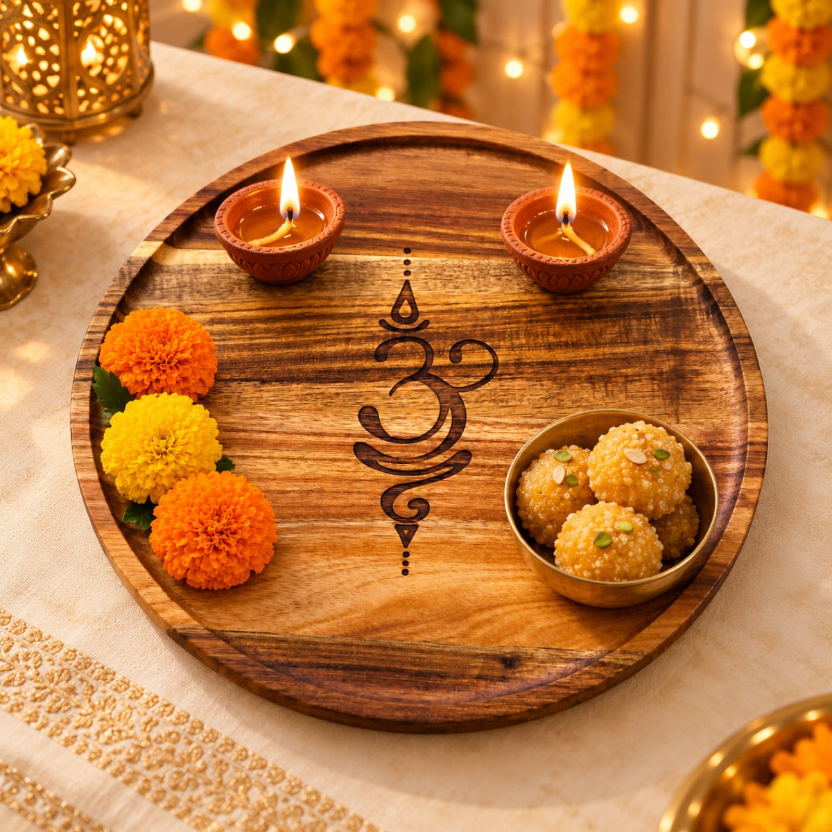 Om engraved wooden tray styled for Diwali with lit diyas, marigold flowers and ladoos – festive pooja thali