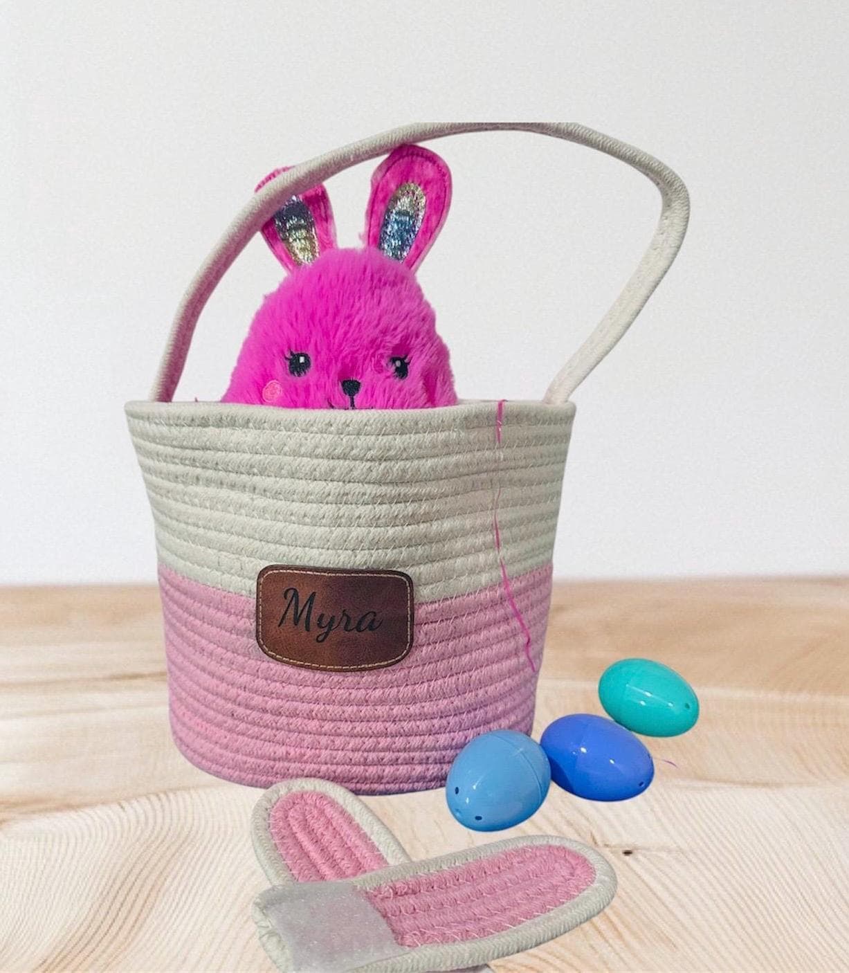Custom Easter Bunny Basket with Engraved Leather Name patch, Easter Basket, Bunny Basket, Woven Basket with Leather patch, Easter Baskets