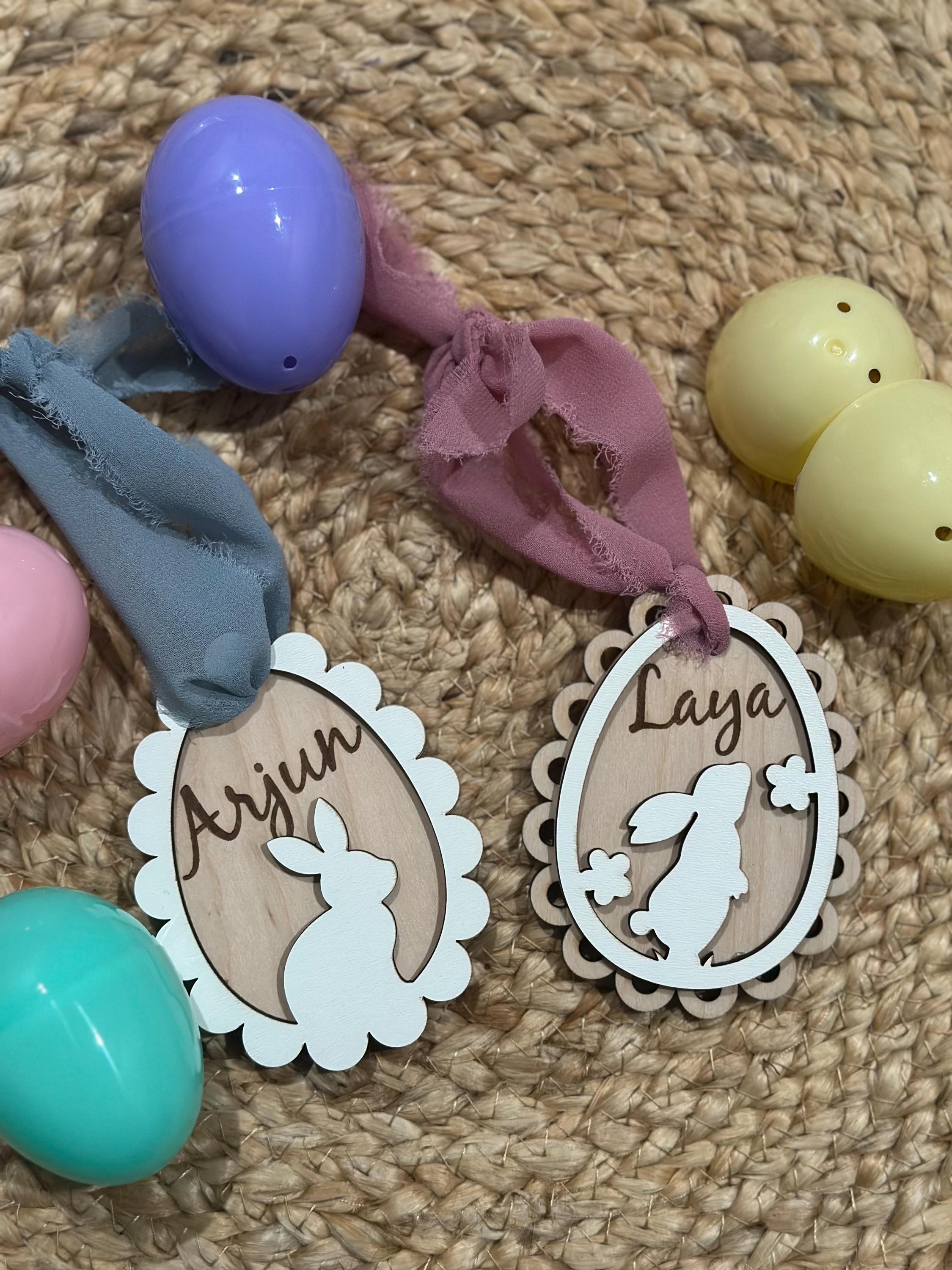 Personalized Easter Basket Tags | Custom Name Egg Ornaments | Laser Cut Wooden Easter Gift | Bunny Name Tag | Spring Decor | Basket tags