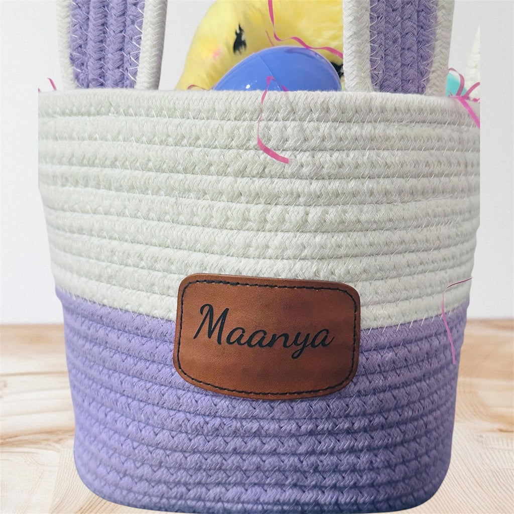 Custom Easter Bunny Basket with Engraved Leather Name patch, Easter Basket, Bunny Basket, Woven Basket with Leather patch, Easter Baskets
