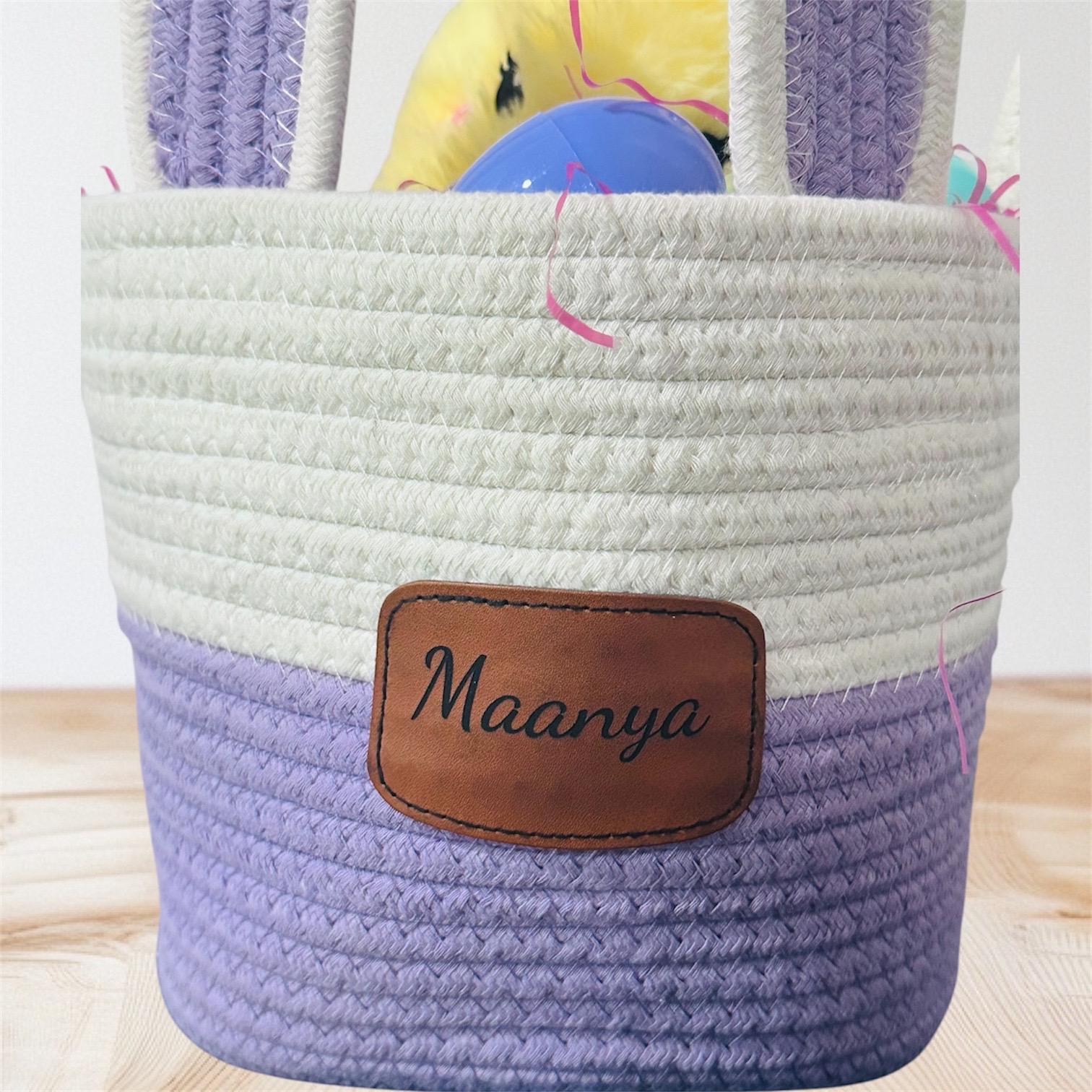 Custom Easter Bunny Basket with Engraved Leather Name patch, Easter Basket, Bunny Basket, Woven Basket with Leather patch, Easter Baskets