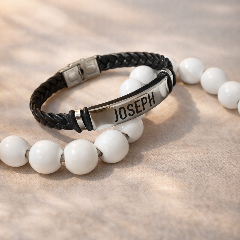 Personalized Men’s Leather Bracelet | Custom Name Engraved Bracelet | Valentine’s Gift for Him