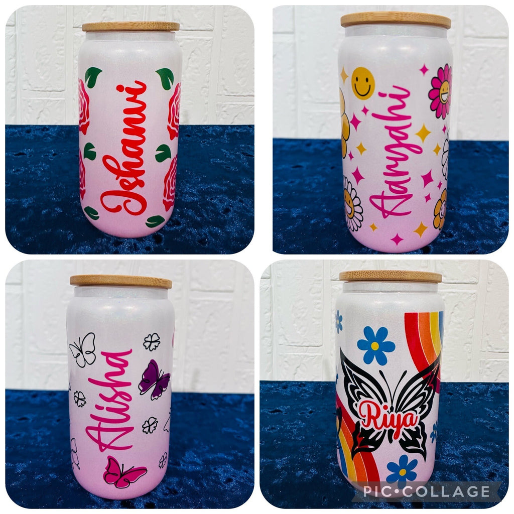 16oz Libby Glass can, Gradient Pink Glass can, Gifts for Girls, Shimmer Glass Tumbler, 16oz Glass Tumbler, Glass Tumbler, Butterfly GlassCan