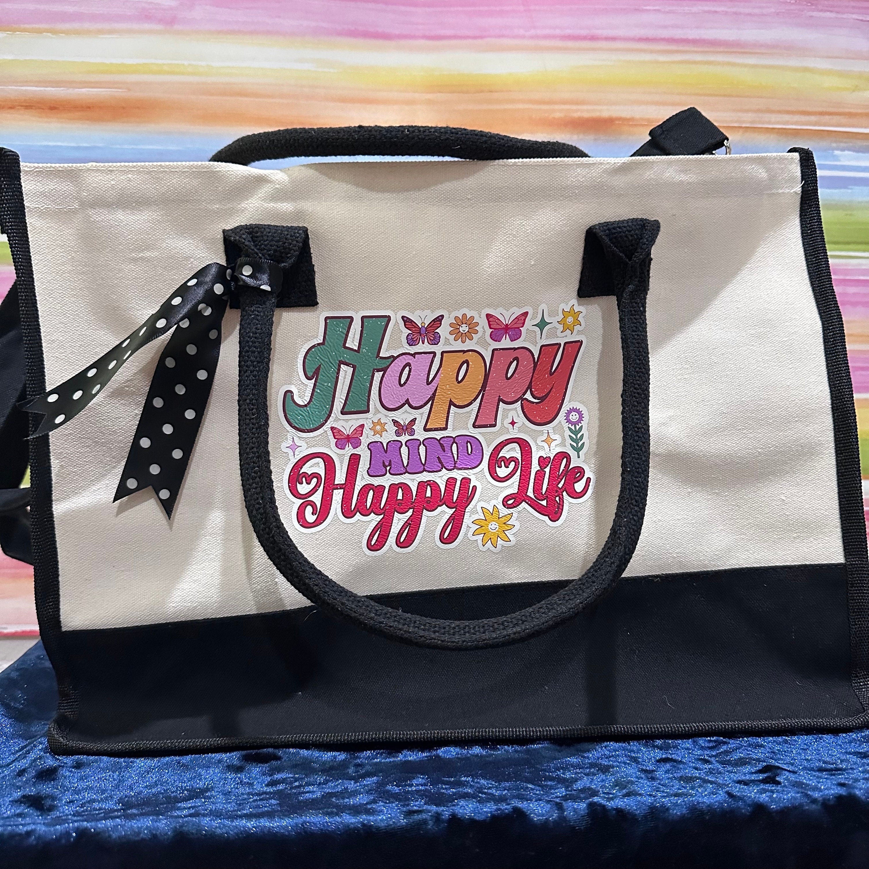 Happy Mind Happy Life Summer Tote Bag, Summer Tote Bag, Tote Bag, Essential Bag, Summer Vacation Bag, Beach Bag, Travel Bag, Canvas tote Bag