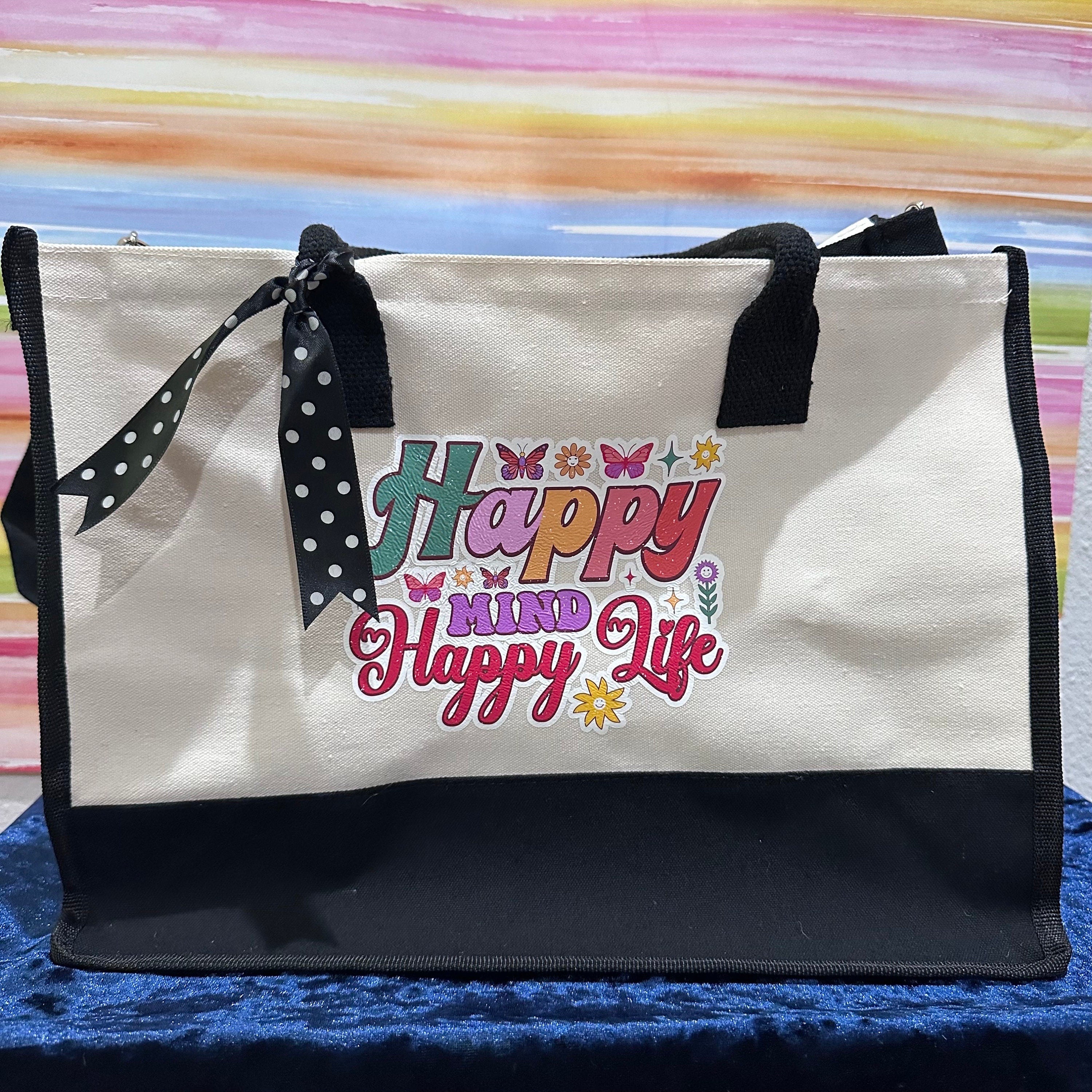 Happy Mind Happy Life Summer Tote Bag, Summer Tote Bag, Tote Bag, Essential Bag, Summer Vacation Bag, Beach Bag, Travel Bag, Canvas tote Bag