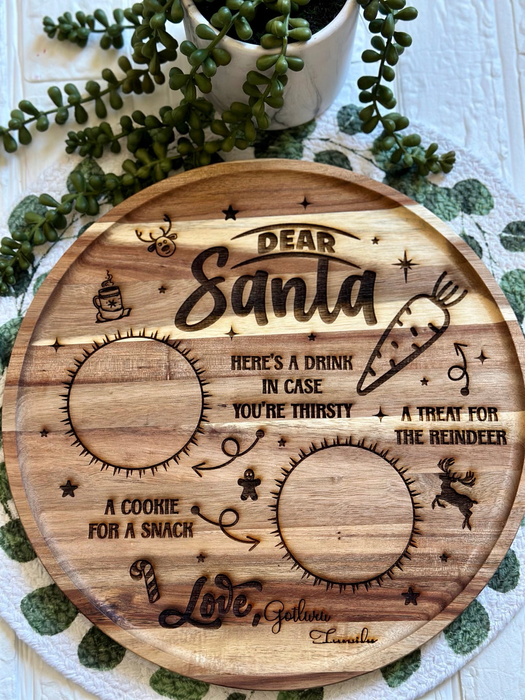 Personalized Dear Santa cookie tray – round 12-inch wooden tray laser-engraved with Dear Santa design and custom names