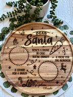 Personalized Dear Santa cookie tray – round 12-inch wooden tray laser-engraved with Dear Santa design and custom names