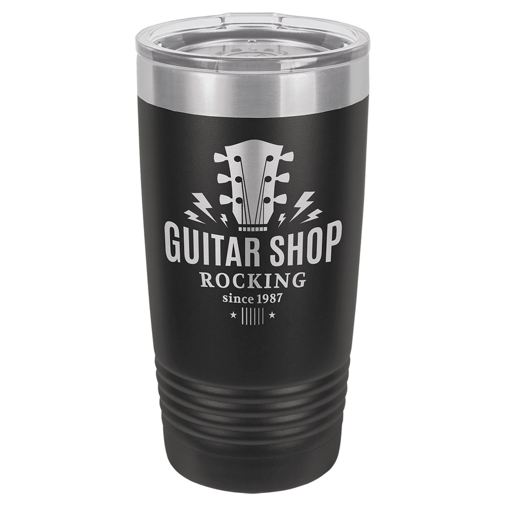Black 20 oz engraved tumbler with custom guitar shop logo design