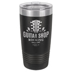 Black 20 oz engraved tumbler with custom guitar shop logo design