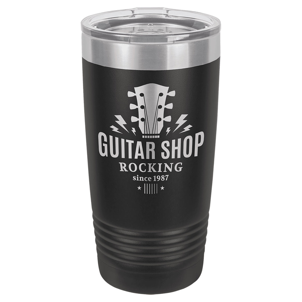 Black 20 oz engraved tumbler with custom guitar shop logo design