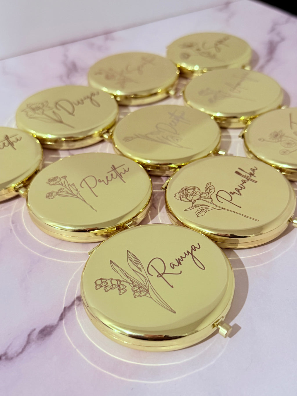 Gold Compact Mirrors with Birth Flower