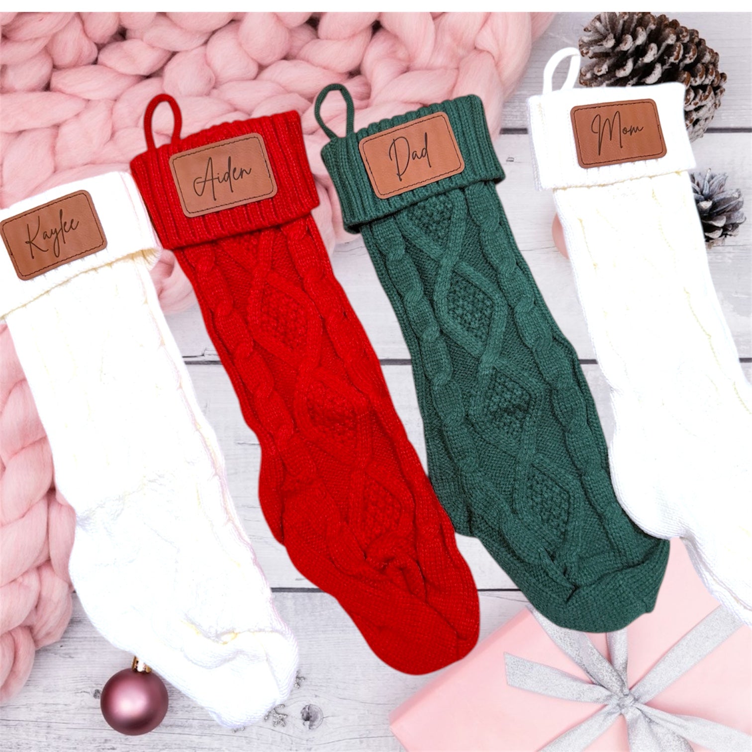 Personalized Knit Christmas Stockings – Laser Engraved Name Patch