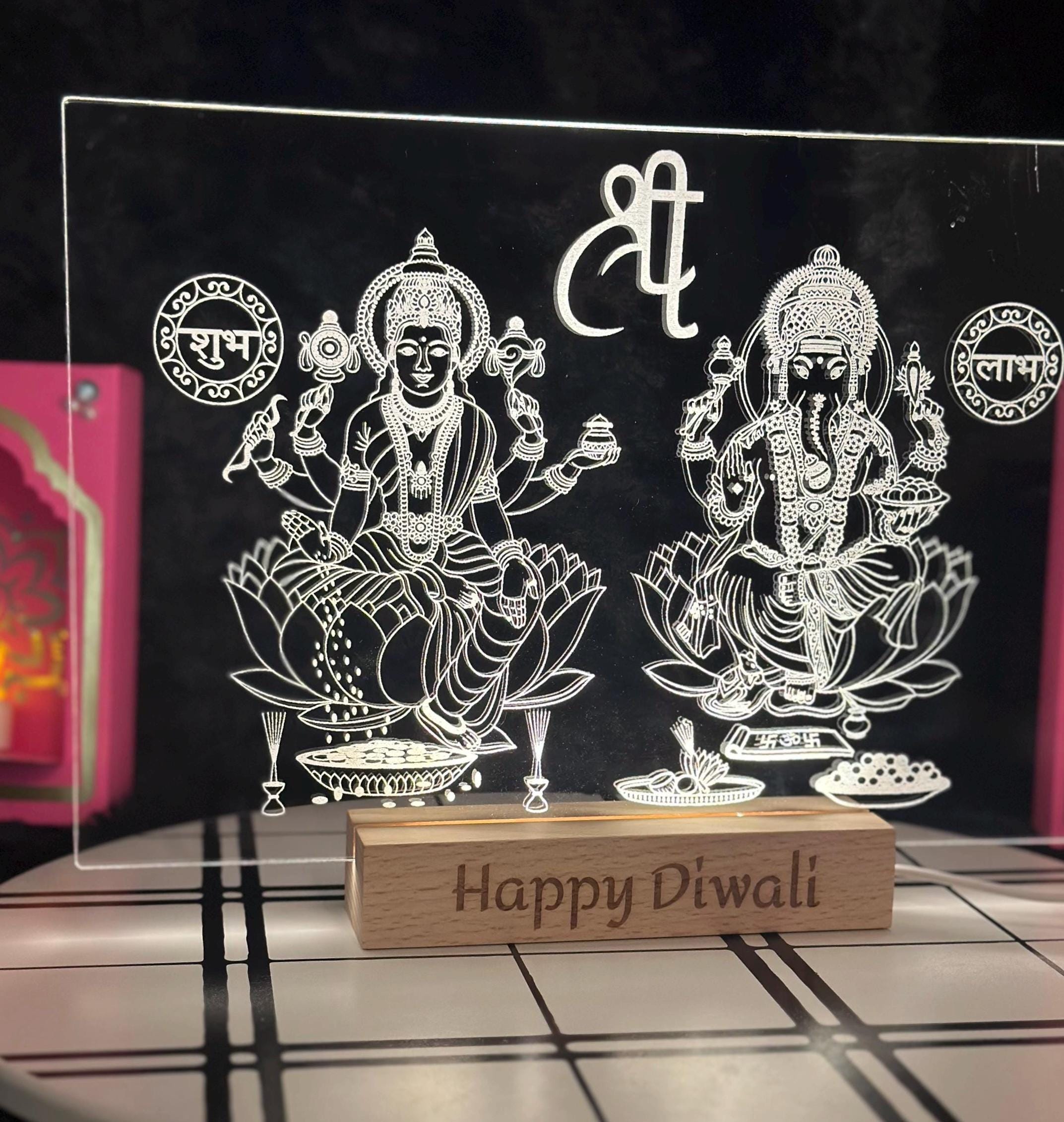 LED Engraved Acrylic Light Featuring Lakshmi & Ganesha, Custom Message, Housewarming Gift, Gifts, Customized Gifts, Led Light, Home Decor