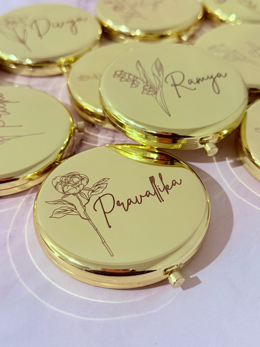 Gold Compact Mirrors with Birth Flower