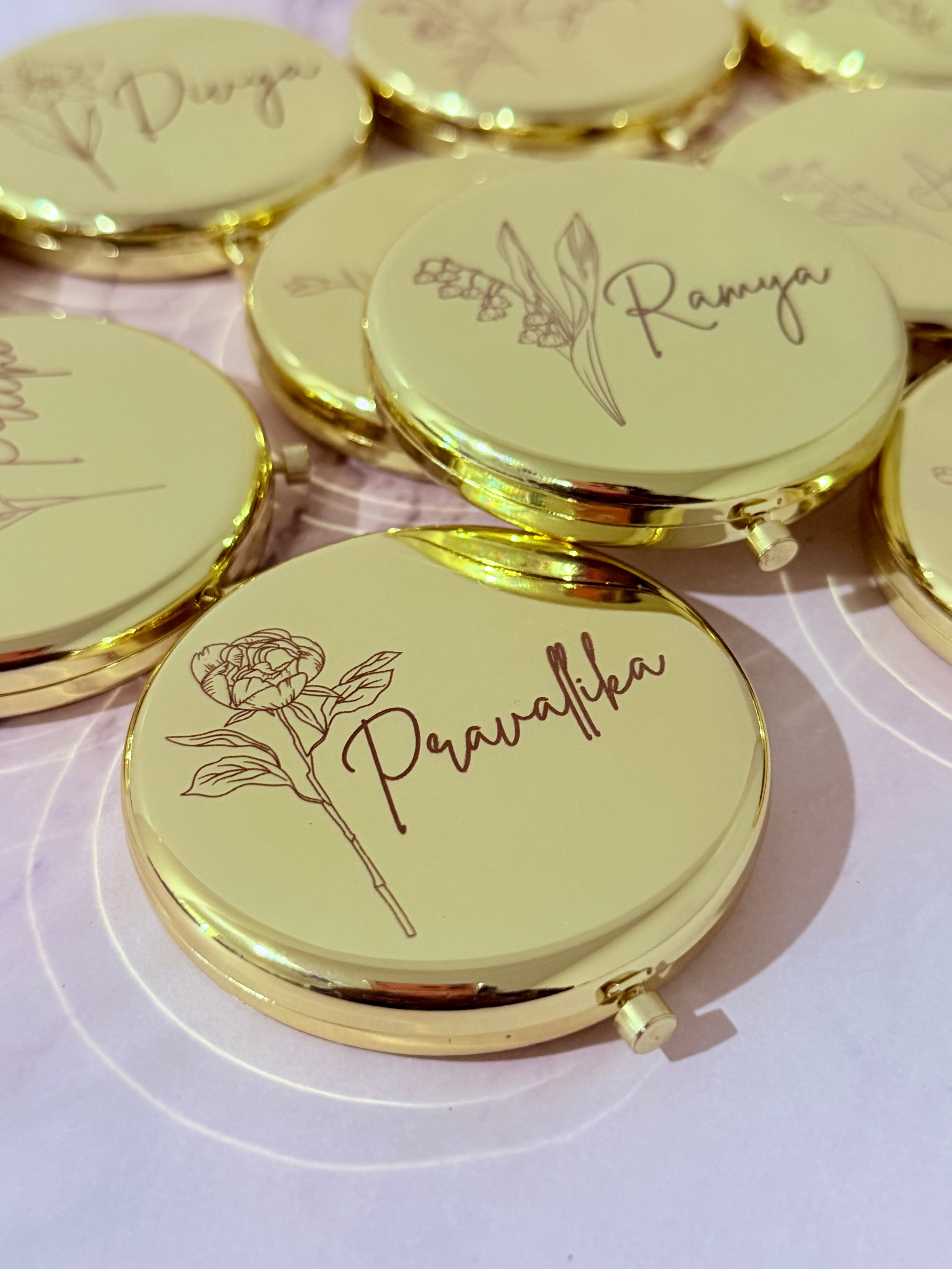 Gold Compact Mirrors with Birth Flower