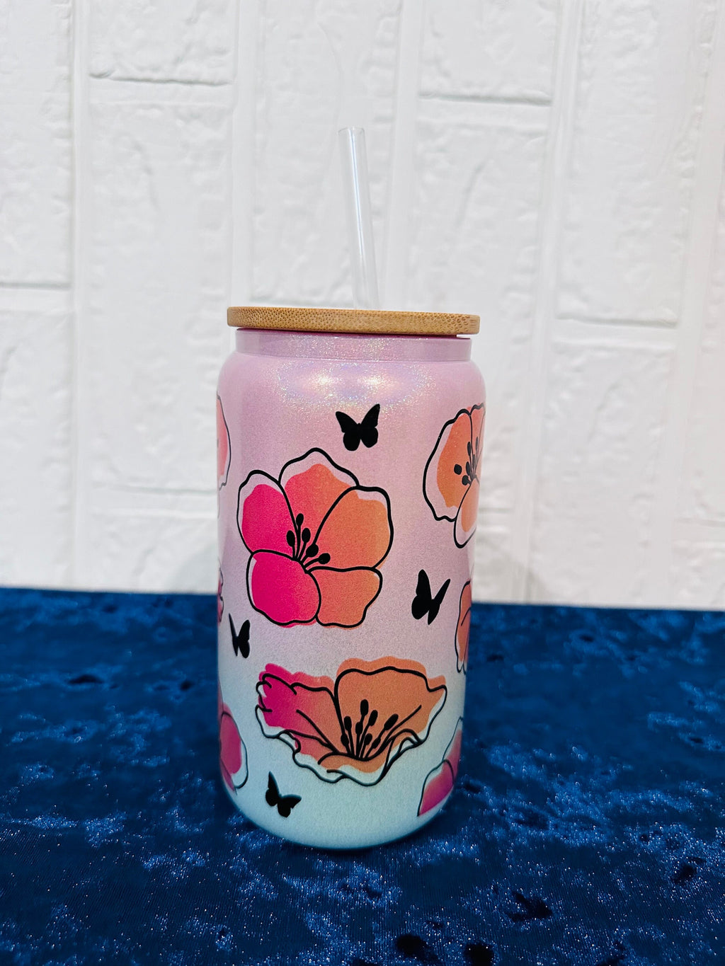 16oz Libby Glass can, Gradient Blue Pink Glass can, Gifts for Girls, Shimmer Glass Tumbler, 16oz Glass Tumbler, Flowers Glass Tumbler