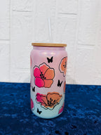16oz Libby Glass can, Gradient Blue Pink Glass can, Gifts for Girls, Shimmer Glass Tumbler, 16oz Glass Tumbler, Flowers Glass Tumbler