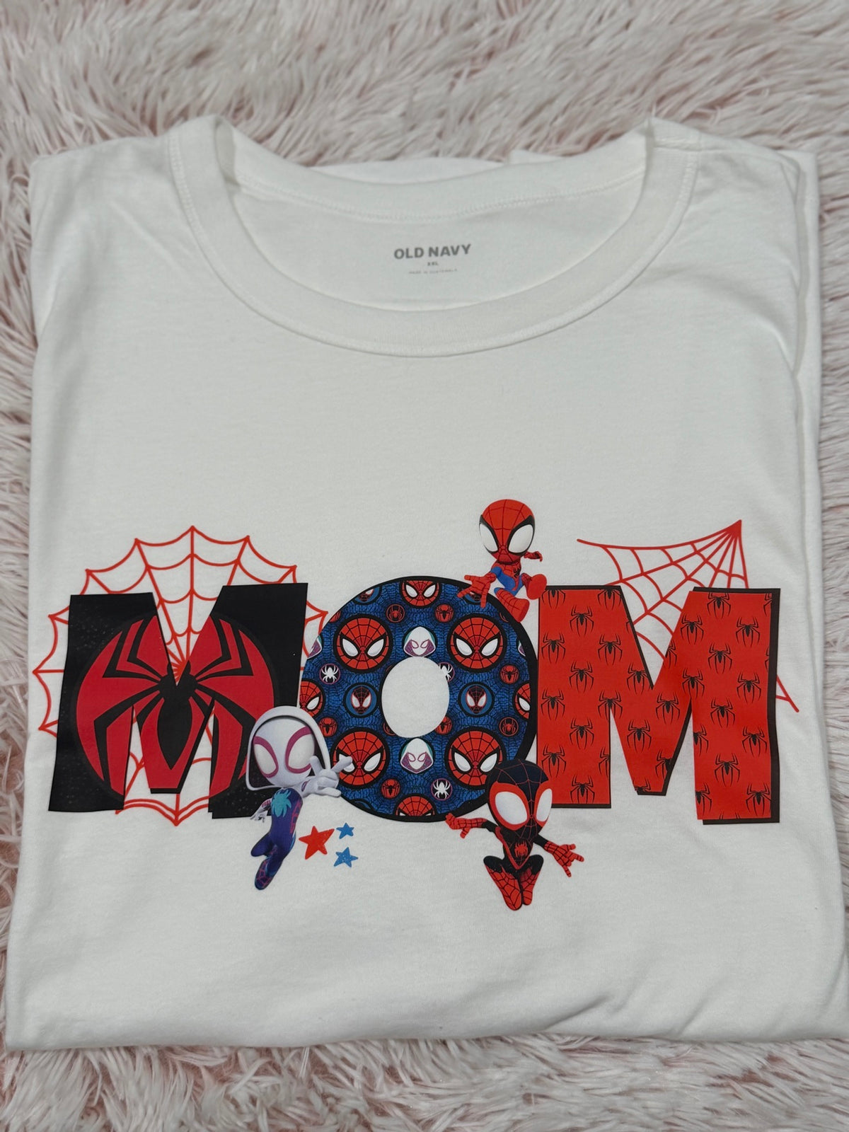 Custom white DTF t-shirt with Spider Mom birthday design