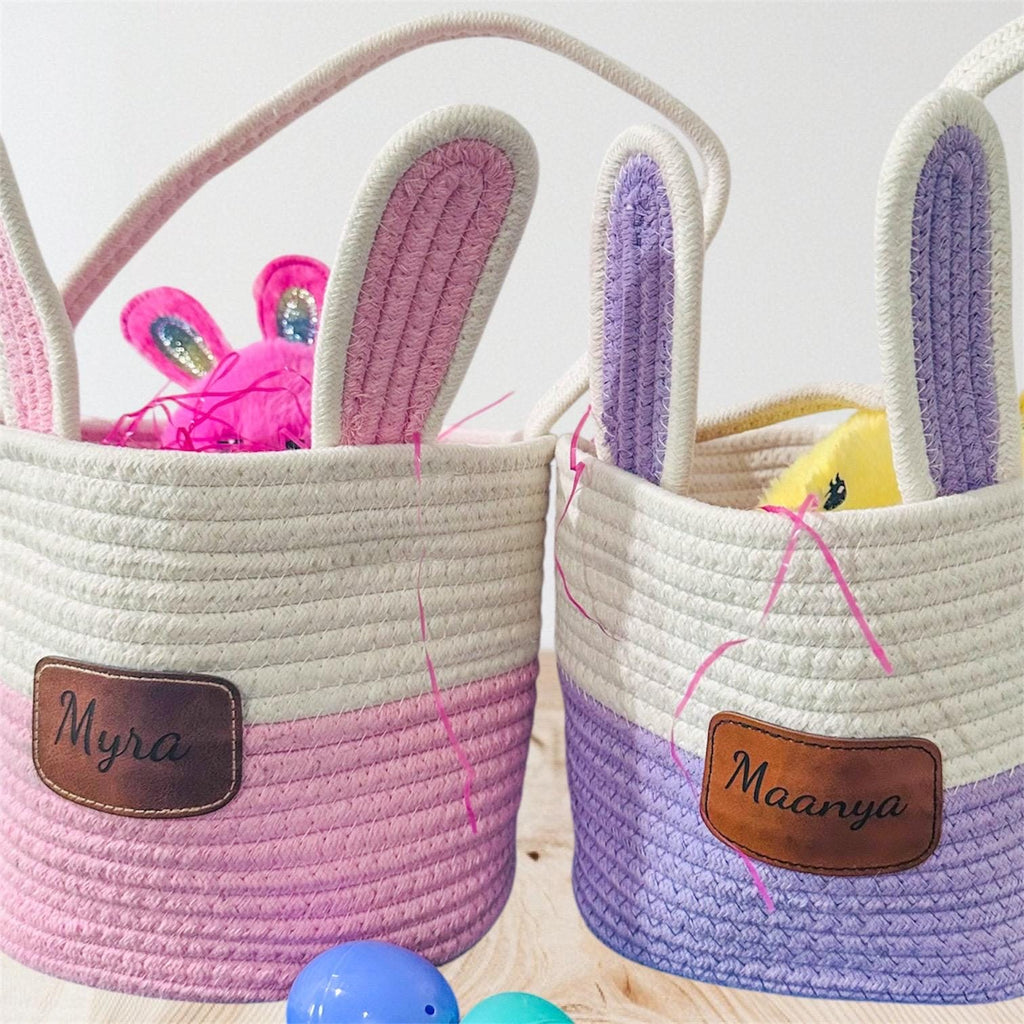 Custom Easter Bunny Basket with Engraved Leather Name patch, Easter Basket, Bunny Basket, Woven Basket with Leather patch, Easter Baskets