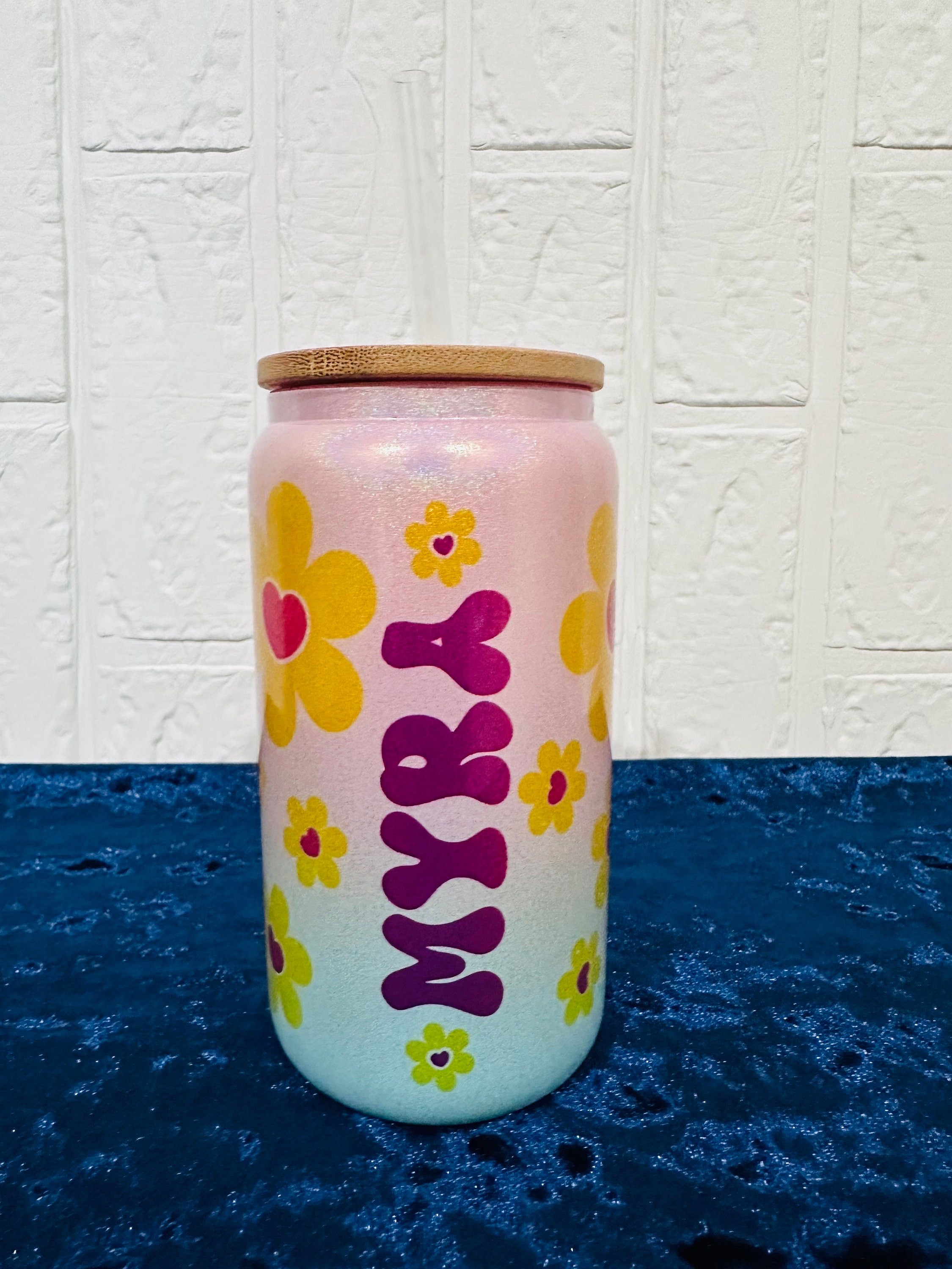 16oz Libby Glass can, Gradient Blue Pink Glass can, Gifts for Girls, Shimmer Glass Tumbler, 16oz Glass Tumbler, Daisy Glass Tumbler