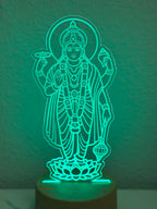Satyanarayana LED lamp glowing green - 3D laser engraved acrylic night light with wooden base