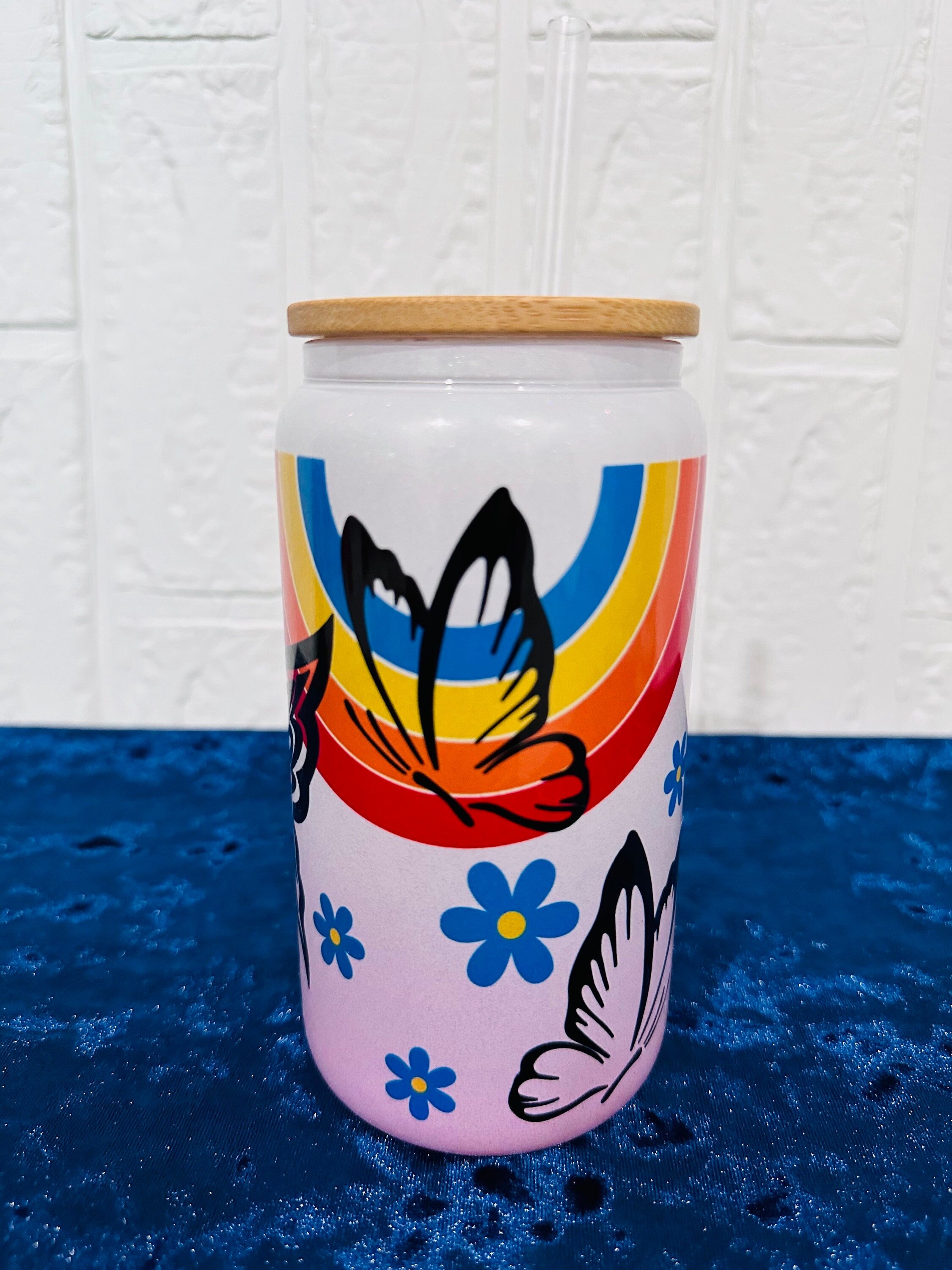 16oz Libby Glass can, Gradient Pink Glass can, Gifts for Girls, Shimmer Glass Tumbler, 16oz Glass Tumbler, Glass Tumbler, Butterfly GlassCan