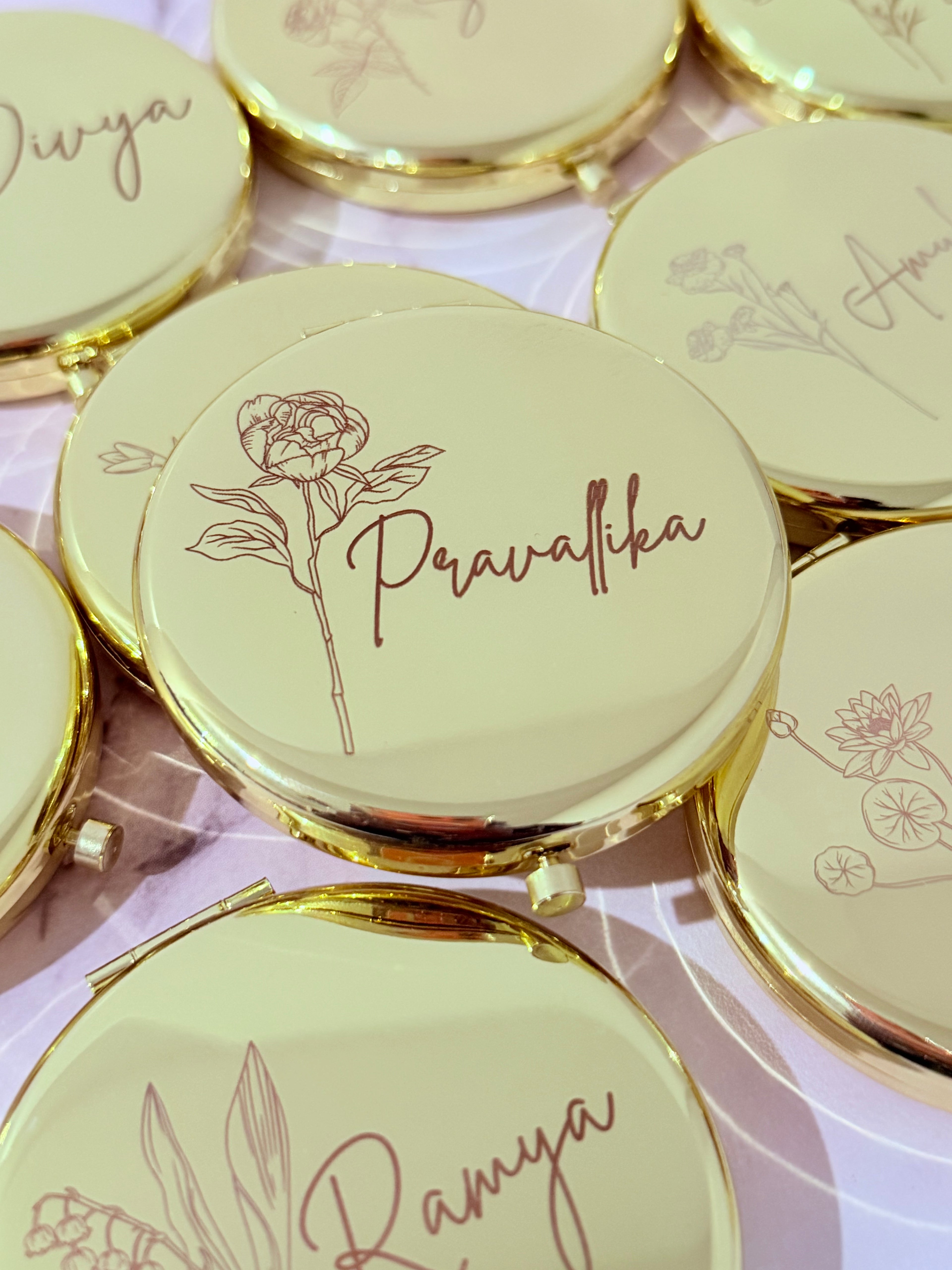 Gold Compact Mirrors with Birth Flower