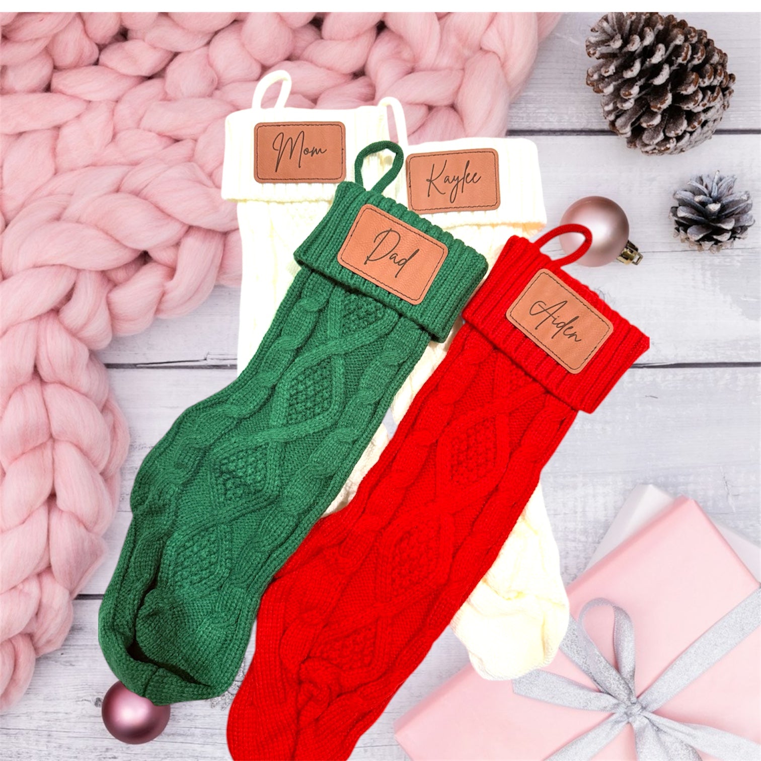 Personalized Knit Christmas Stockings – Laser Engraved Name Patch