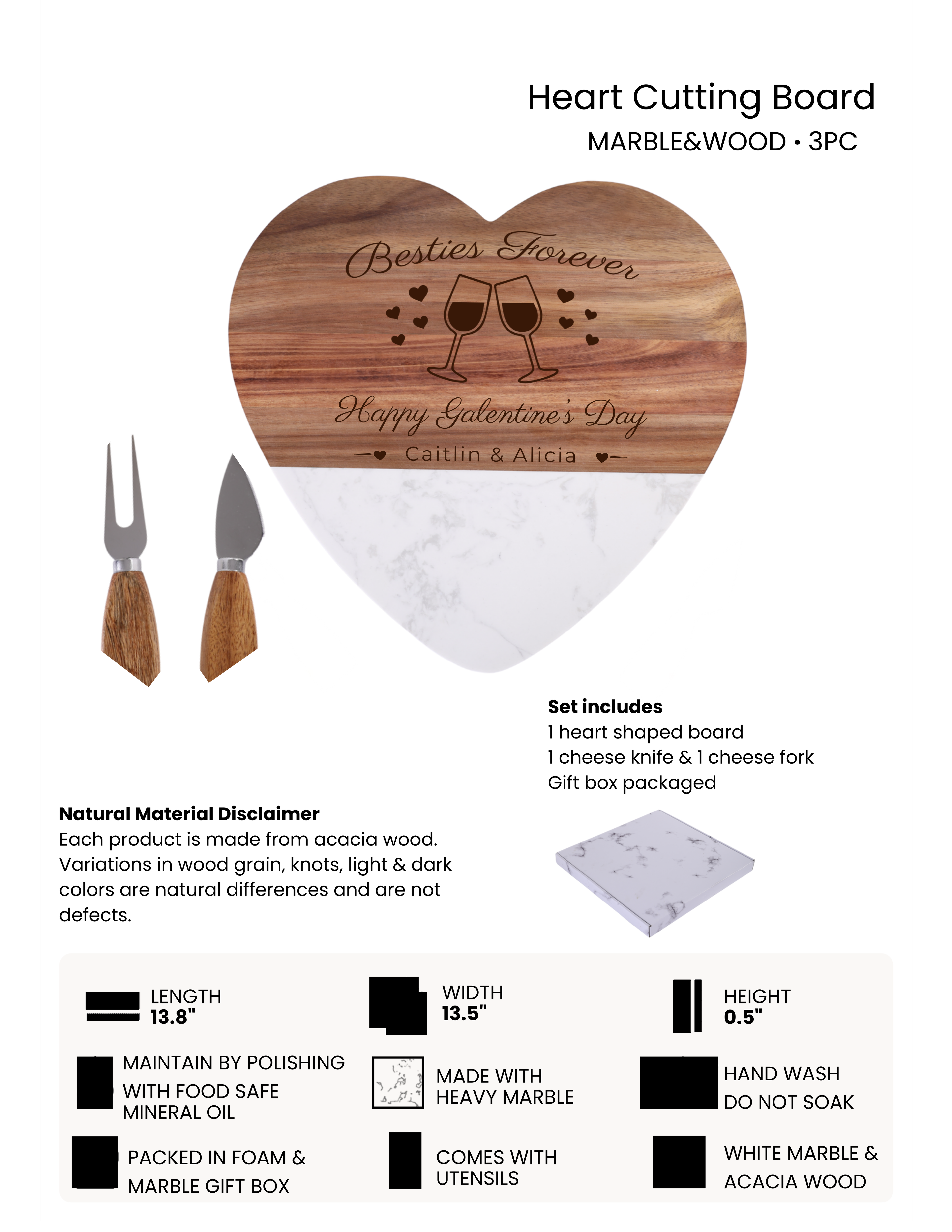 Custom Wood and Marble Heart Cutting Board, Valentine Gifts, Wedding Gifts, Housewarming Gifts