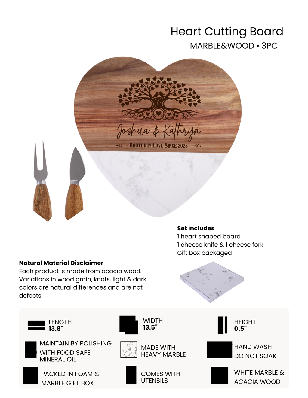 Custom Wood and Marble Heart Cutting Board, Valentine Gifts, Wedding Gifts, Housewarming Gifts