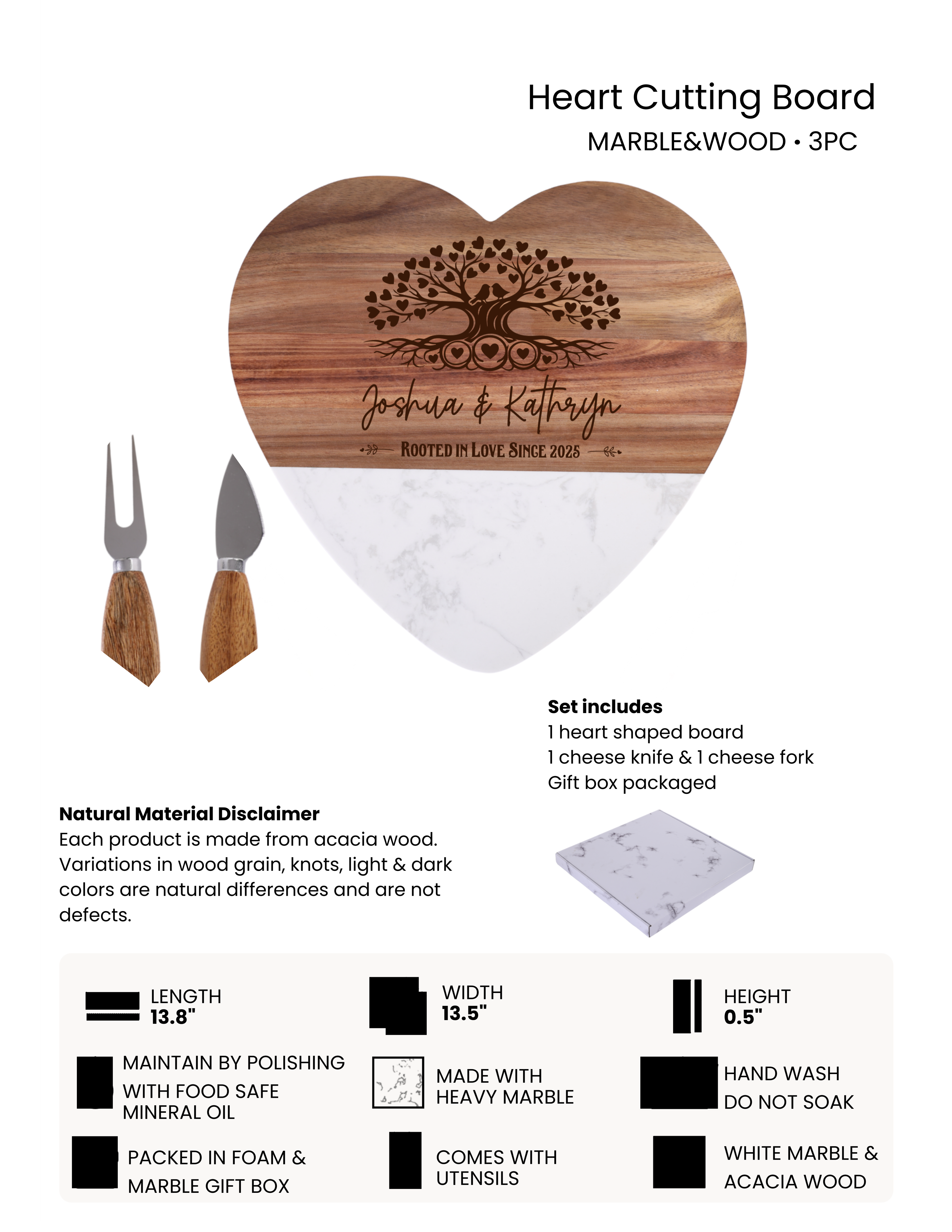 Custom Wood and Marble Heart Cutting Board, Valentine Gifts, Wedding Gifts, Housewarming Gifts