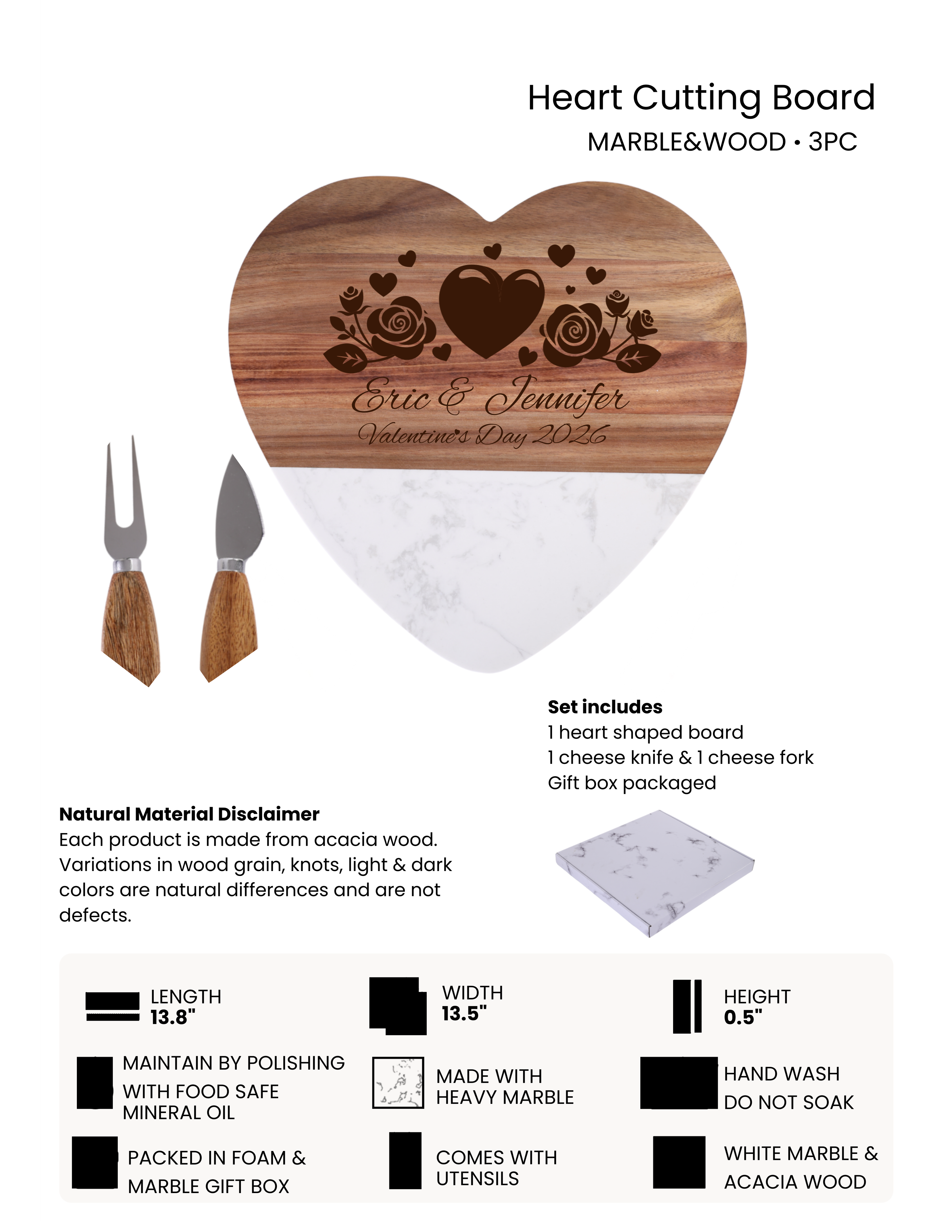 Custom Wood and Marble Heart Cutting Board, Valentine Gifts, Wedding Gifts, Housewarming Gifts