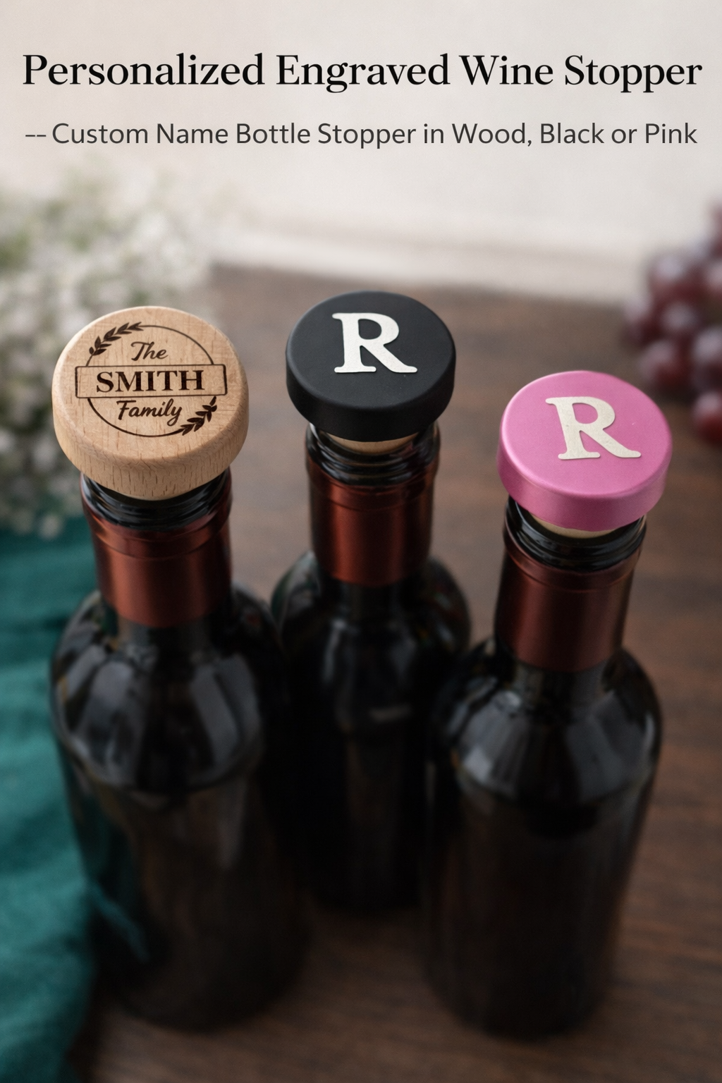 Personalized Engraved Wine Stopper – Custom Name Bottle Stopper in Wood, Black or Pink