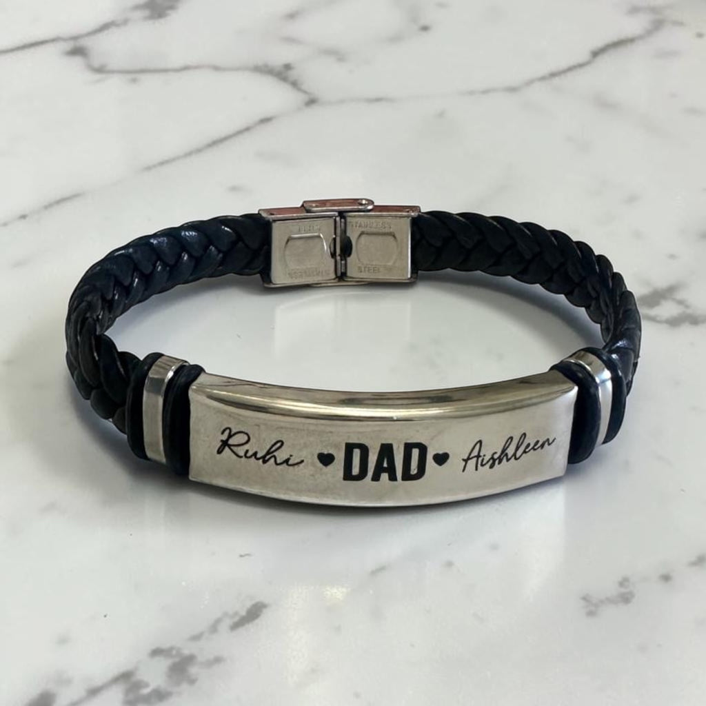 Father’s Day Personalized Bracelet | Custom Engraved Dad Bracelet | Gold, Silver & Braided Leather