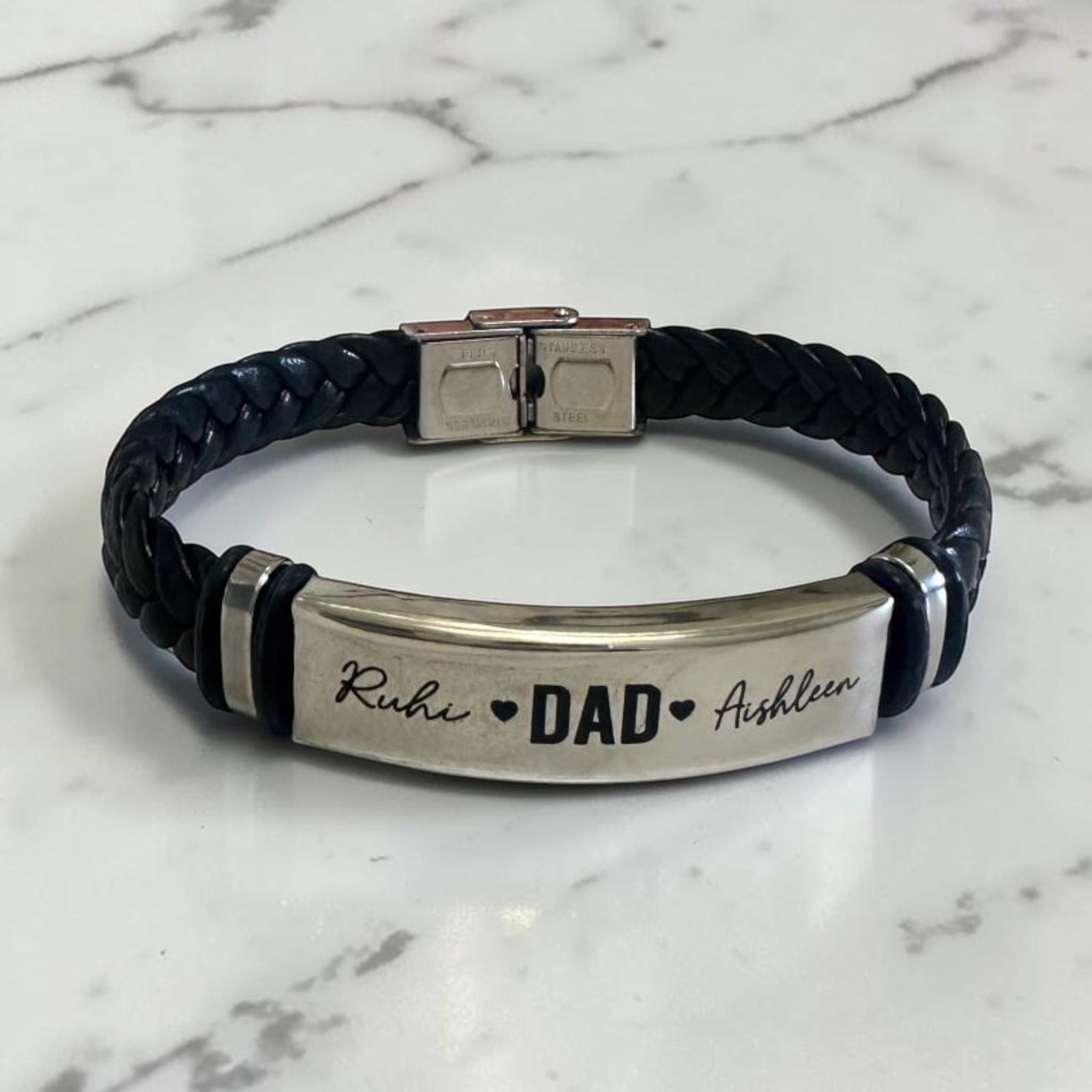 Father’s Day Personalized Bracelet | Custom Engraved Dad Bracelet | Gold, Silver & Braided Leather