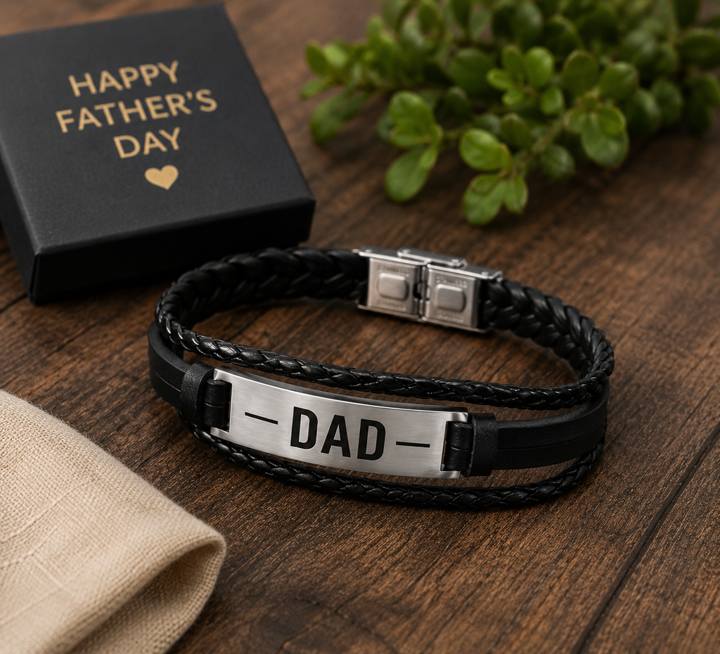 Father’s Day Personalized Bracelet | Custom Engraved Dad Bracelet | Gold, Silver & Braided Leather